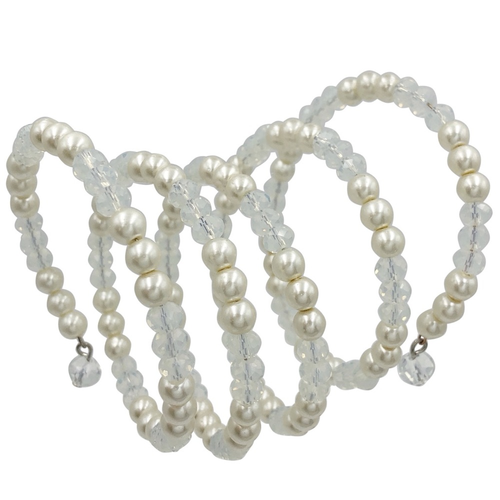White Pearl Glass Beaded Wrap Around Fancy Layered Bracelet